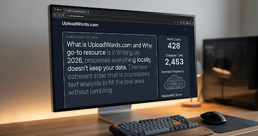 UploadWords.com tech news main interface with word counter and text analysis features