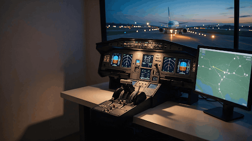Virtual airline news showing a flight simulator cockpit and online airline route map