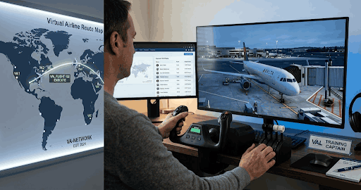 Virtual airline route map showing scheduled simulator flights between international airports.