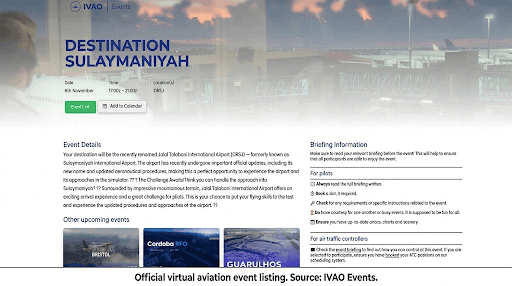 Official virtual aviation event page showing an online flight simulation event with date, time, and airport details