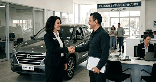 in house vehicle finance dealership handshake